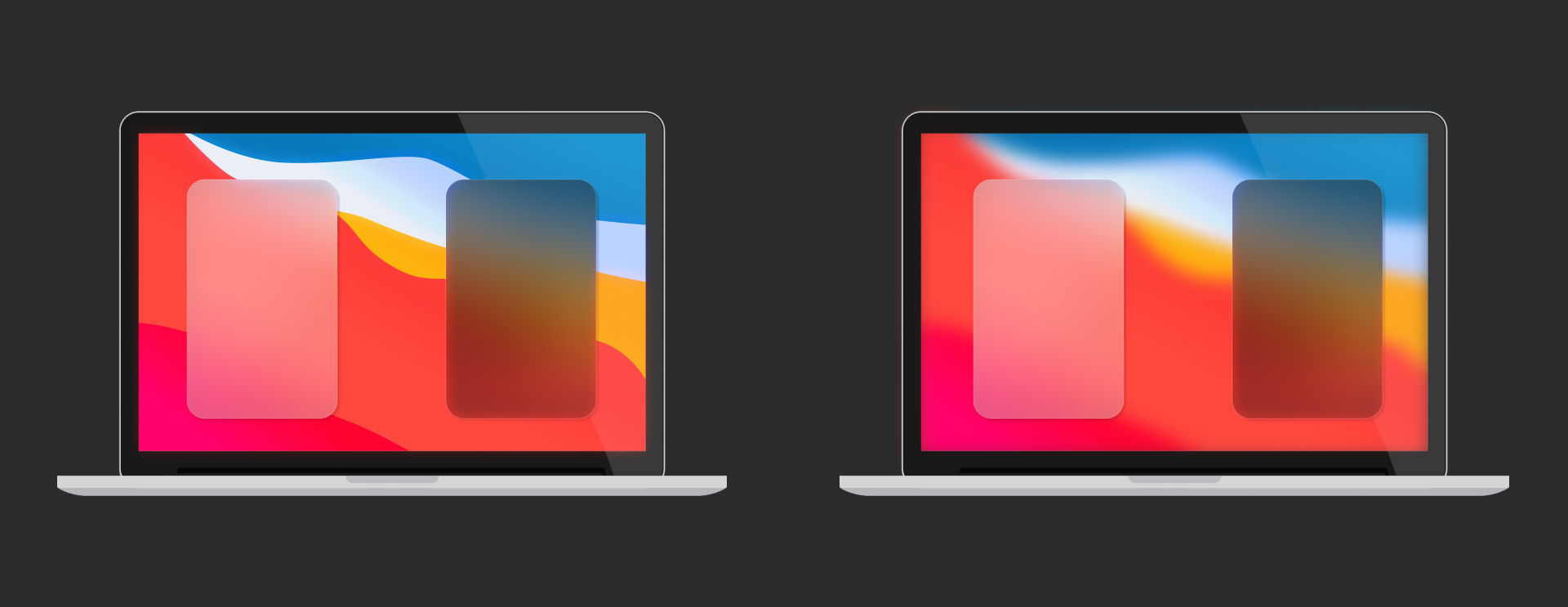 Two laptops side by side, the left one has a very sharp desktop background with very clear differentiatio of colors and the right one has a background with the colors diffused.